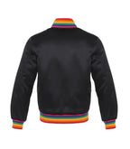 Black varsity jacket with rainbow trim on collar, cuffs, and hem for custom team or group wear
