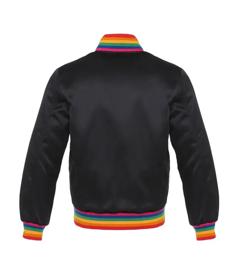 Black varsity jacket with rainbow trim on collar, cuffs, and hem for custom team or group wear