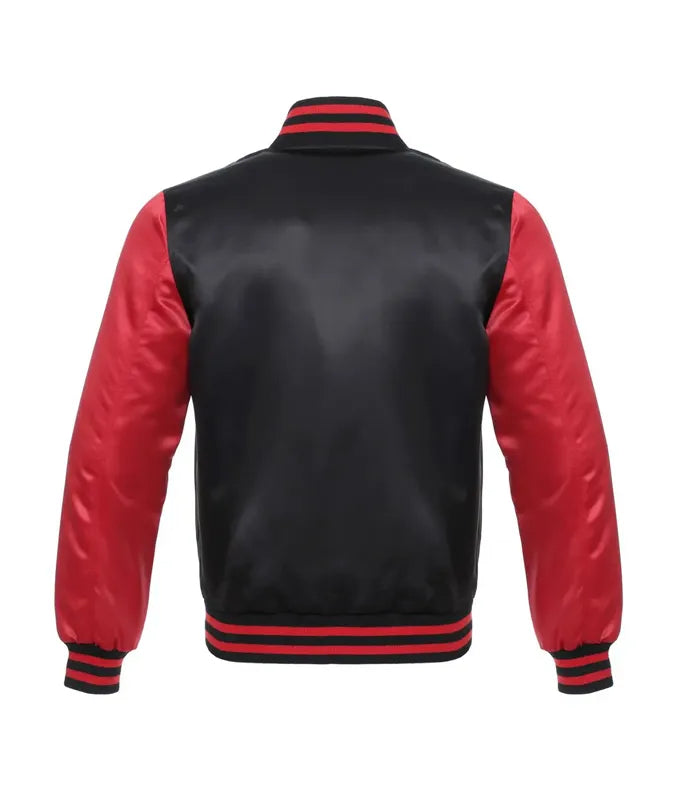 Black and red varsity jacket with striped collar and cuffs, back view