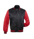 Black and red varsity jacket with satin finish, button front, and striped cuffs and waistband