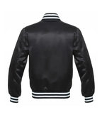 Black satin baseball varsity jacket back view with smooth shiny texture and classic striped waistband and collar detailing.