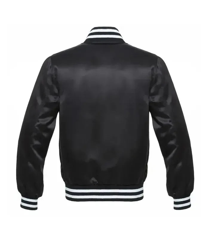 Black satin baseball varsity jacket back view with smooth shiny texture and classic striped waistband and collar detailing.