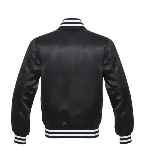 Black satin baseball varsity jacket back view with smooth shiny texture and classic striped waistband and collar detailing.