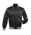 Black satin varsity bomber jacket front view with glossy finish, snap button closure, and striped ribbed collar and cuffs.
