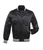 Black satin varsity bomber jacket front view with glossy finish, snap button closure, and striped ribbed collar and cuffs.