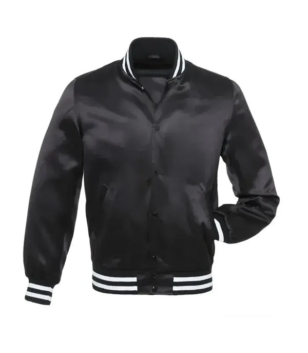Black satin varsity bomber jacket front view with glossy finish, snap button closure, and striped ribbed collar and cuffs.