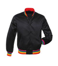 Black varsity jacket with rainbow trim on collar, cuffs, and hem for custom team or group wear