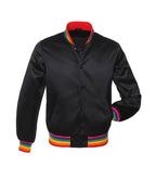 Black varsity jacket with rainbow trim on collar, cuffs, and hem for custom team or group wear