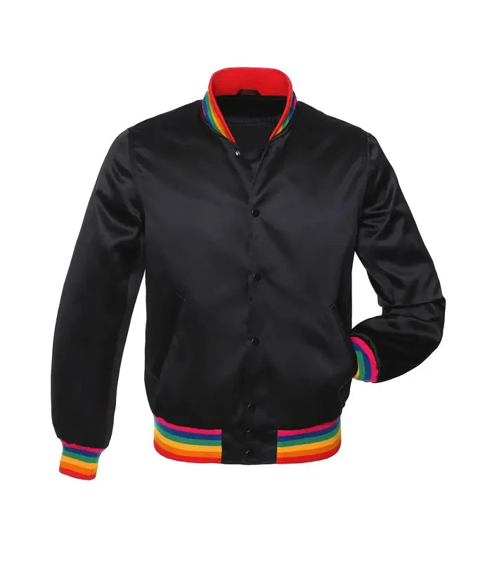 Black varsity jacket with rainbow trim on collar, cuffs, and hem for custom team or group wear