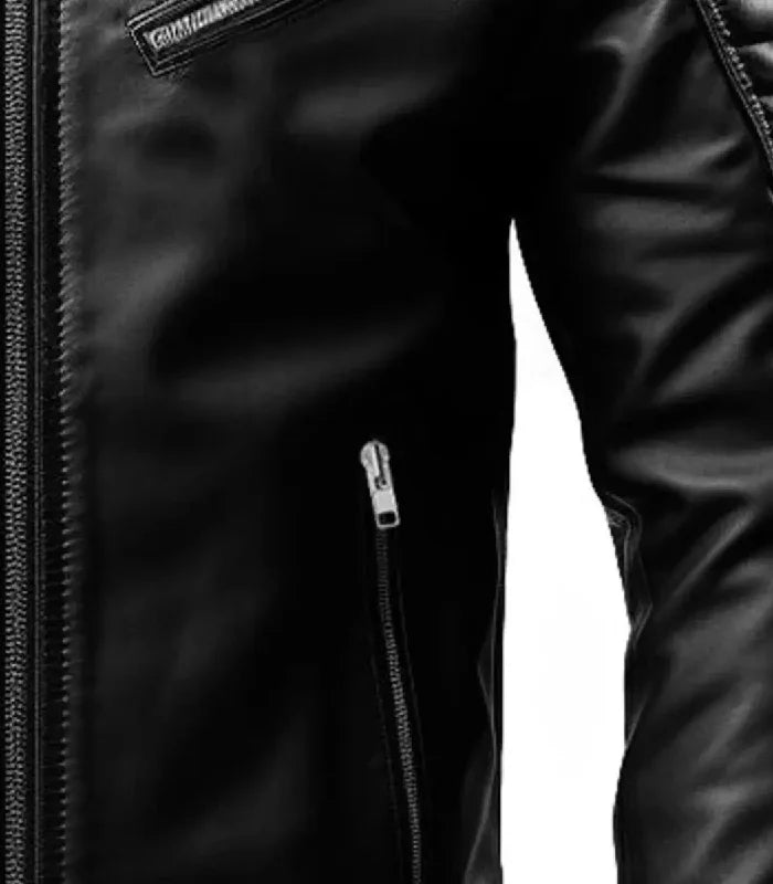 Detail view of Black Slim Fit Leather Jacket