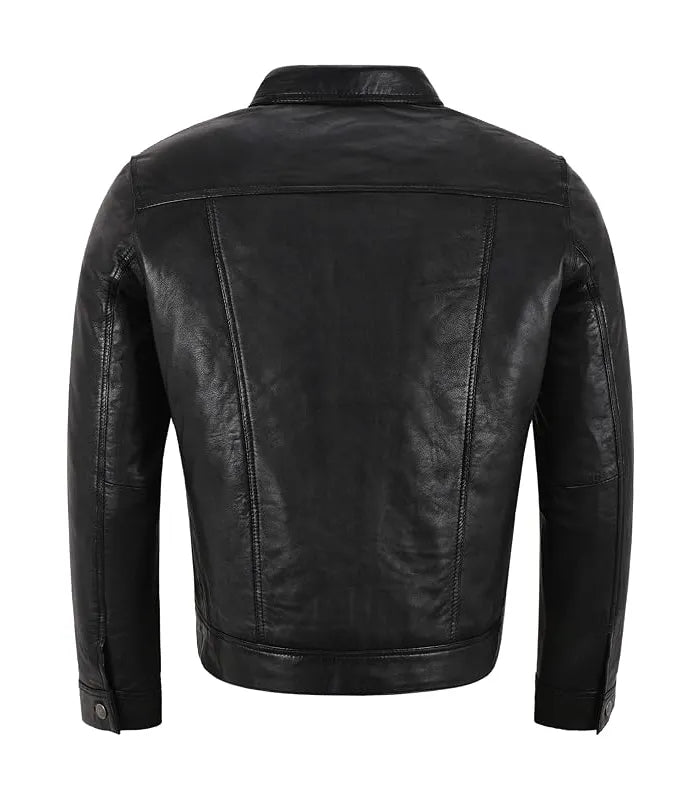 Back view of Black Leather Trucker Jacket