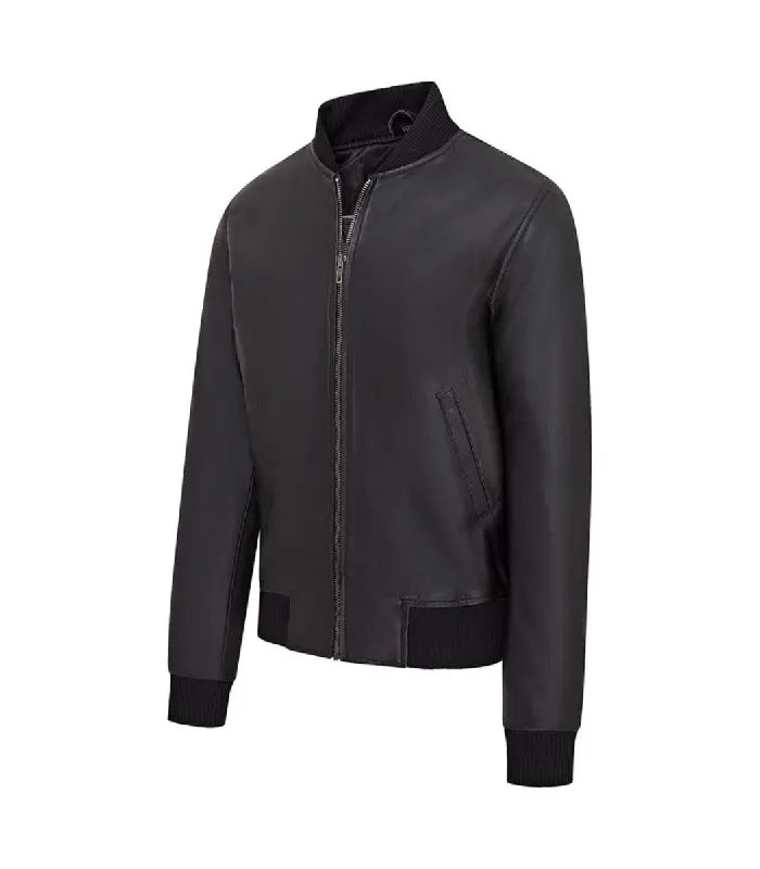 Side view of Black Varsity Bomber Jacket