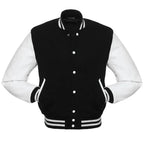Black and white letterman jacket front view styled as a traditional baseball jacket with ribbed collar and cuffs.
