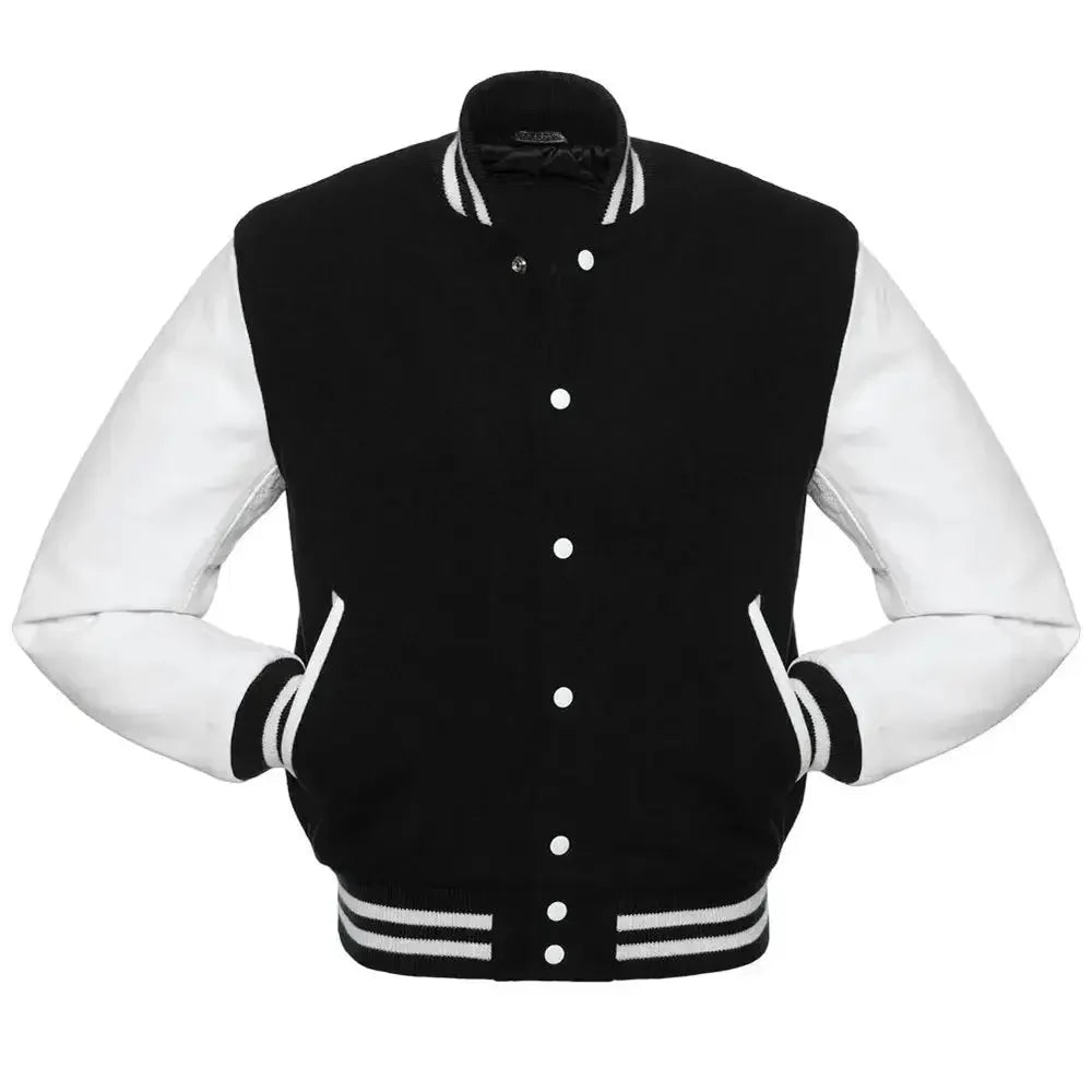 Black and white letterman jacket front view styled as a traditional baseball jacket with ribbed collar and cuffs.
