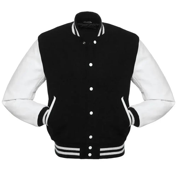 Black and white letterman jacket front view styled as a traditional baseball jacket with ribbed collar and cuffs.