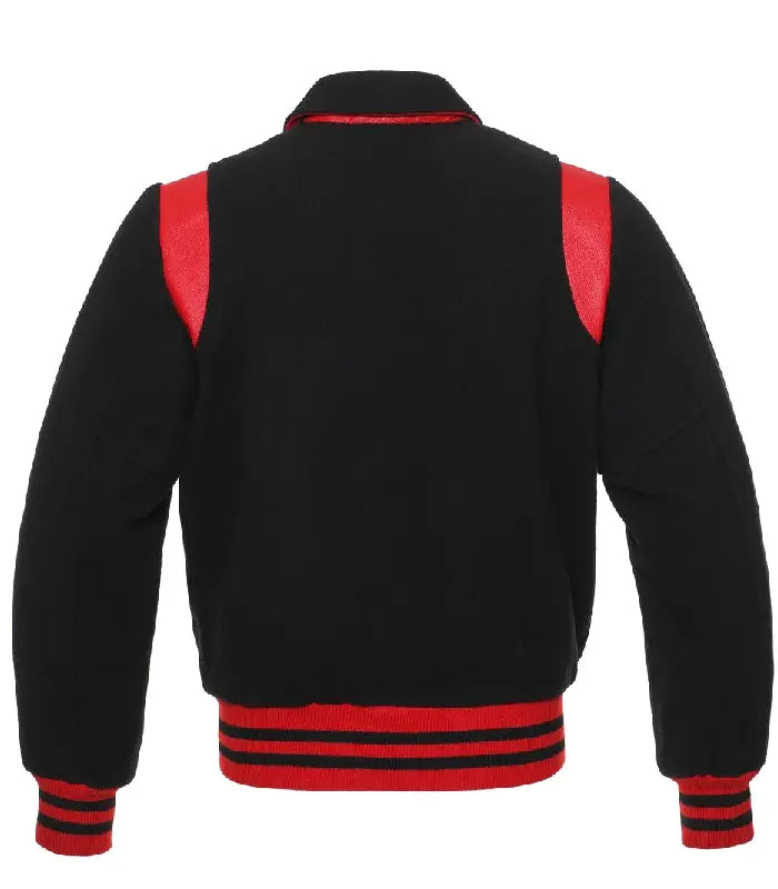 Back view of Black Wool with Red Leather Varsity Jacket