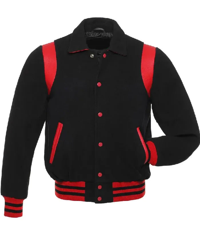Front view of Black Wool with Red Leather Varsity Jacket