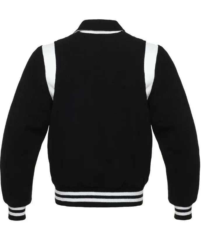 Back view of Black Wool with White Leather Varsity Jacket