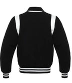 Back view of Black Wool with White Leather Varsity Jacket