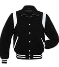 Front view of Black Wool with White Leather Varsity Jacket