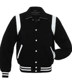 Front view of Black Wool with White Leather Varsity Jacket