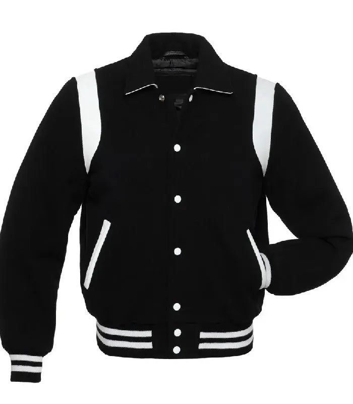 Front view of Black Wool with White Leather Varsity Jacket
