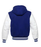Blue and white varsity hooded jacket back view with contrast sleeves, hood detail, and striped waistband finish.