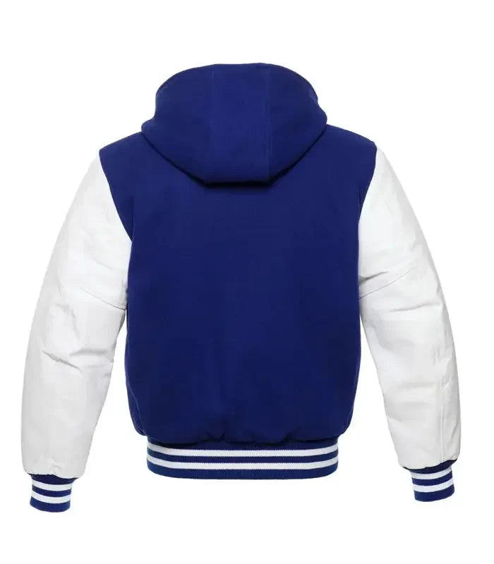 Blue and white varsity hooded jacket back view with contrast sleeves, hood detail, and striped waistband finish.