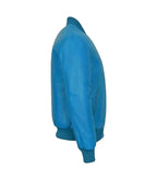 Side view of Blue Leather Bomber Jacket