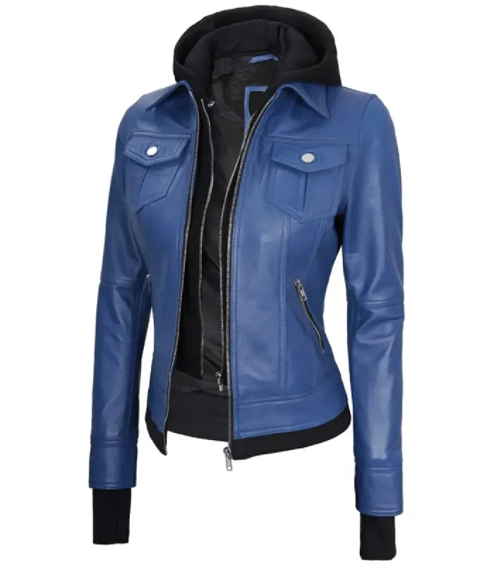 Side view of Women's's Blue Hooded Leather Bomber Jacket