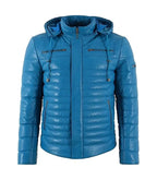 Front view of Blue Hooded Leather Puffer Jacket