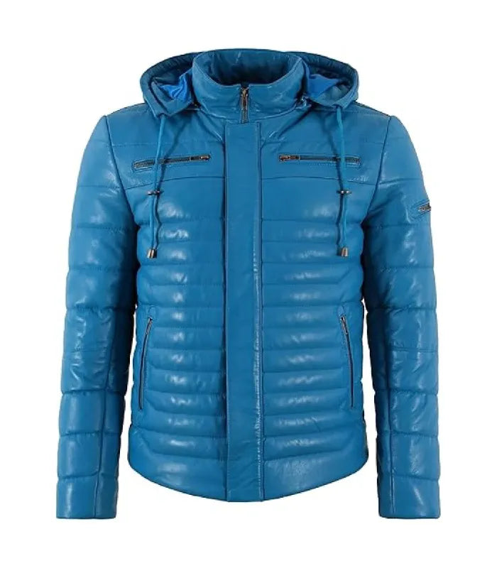 Front view of Blue Hooded Leather Puffer Jacket