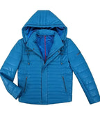 Side view of Blue Hooded Leather Puffer Jacket