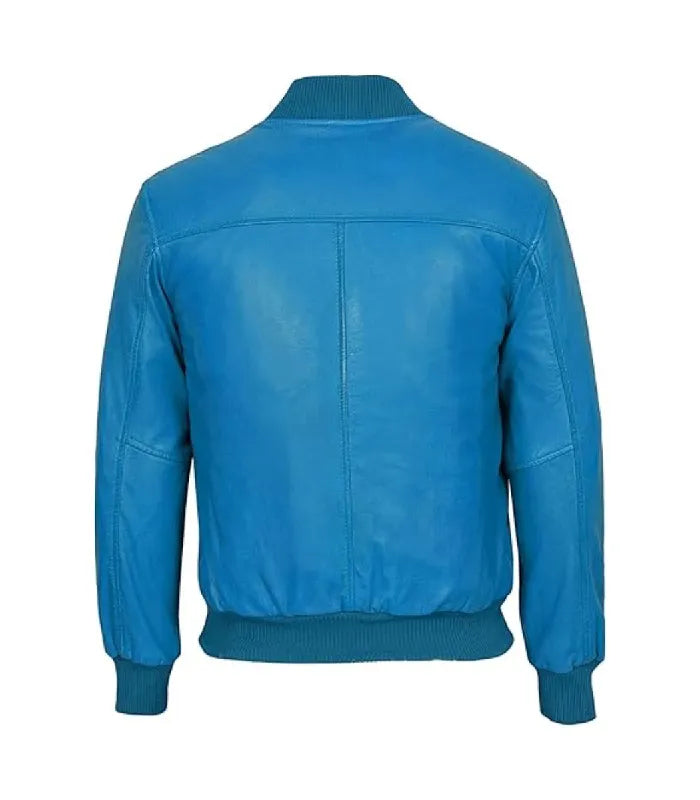 Back view of Blue Leather Bomber Jacket