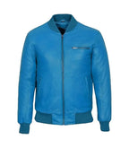 Front view of Blue Leather Bomber Jacket