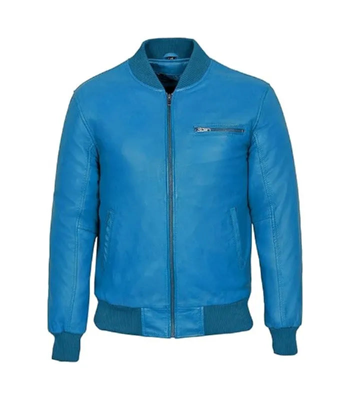 Front view of Blue Leather Bomber Jacket