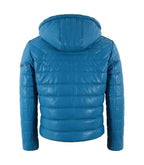 Back view of Blue Hooded Leather Puffer Jacket