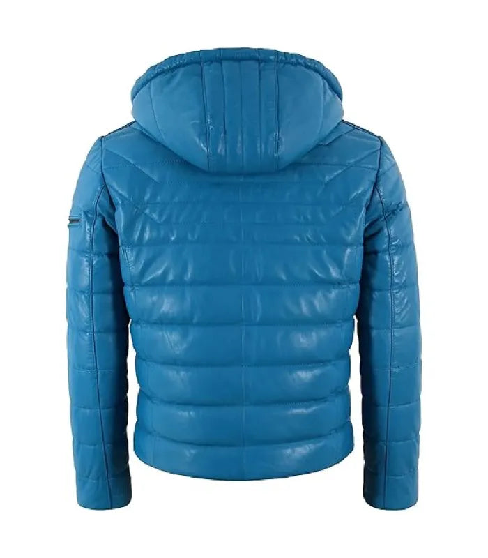 Back view of Blue Hooded Leather Puffer Jacket