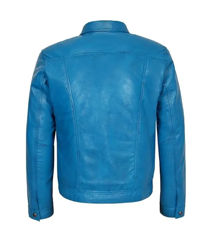 Back view of Blue Leather Trucker Jacket