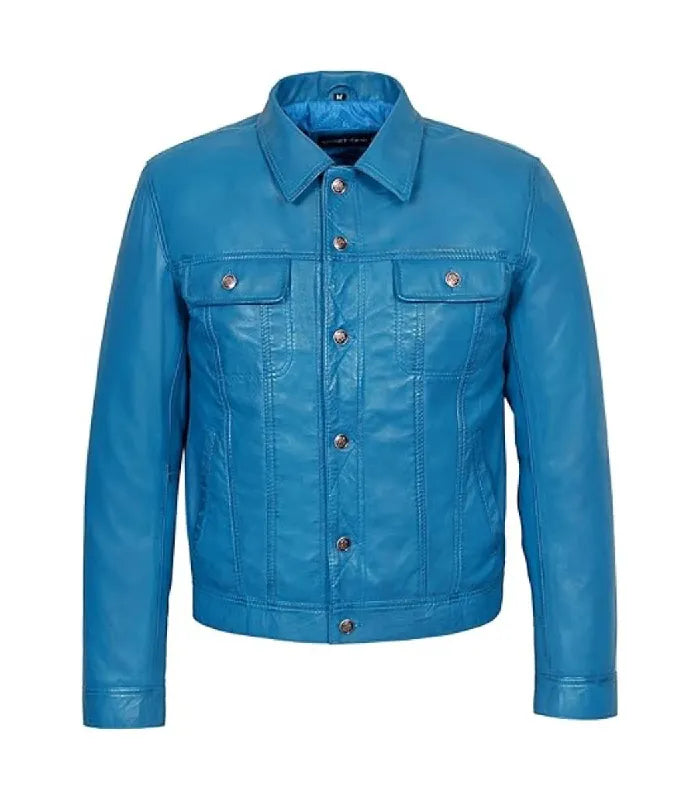 Front view of Blue Leather Trucker Jacket