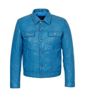 Front view of Blue Leather Trucker Jacket