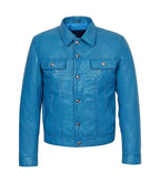 Front view of Blue Leather Trucker Jacket