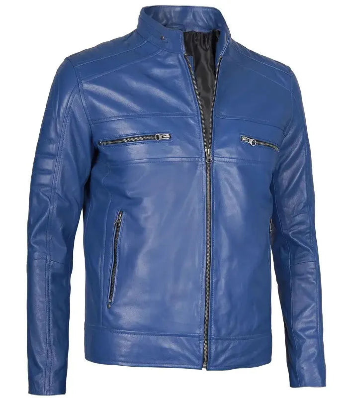 Side view of Men's Blue Cafe Racer Leather Jacket