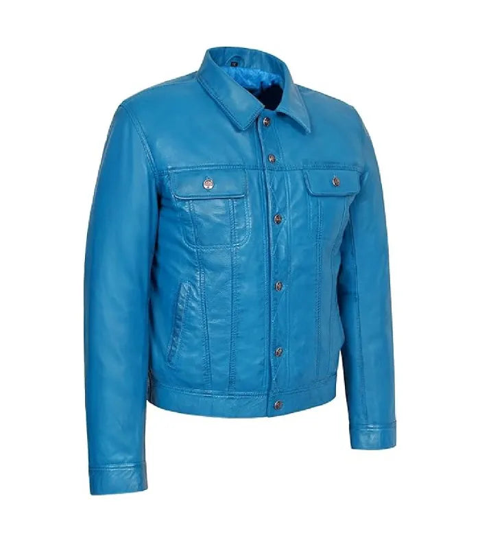 Side view of Blue Leather Trucker Jacket
