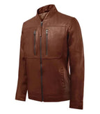 Detail view of Brown Bomber Biker Leather Jacket