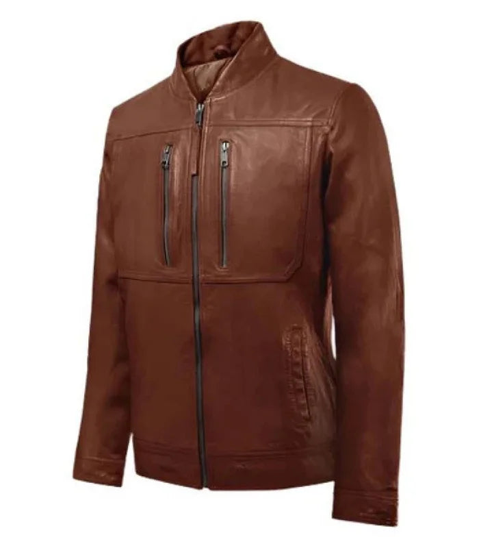 Detail view of Brown Bomber Biker Leather Jacket