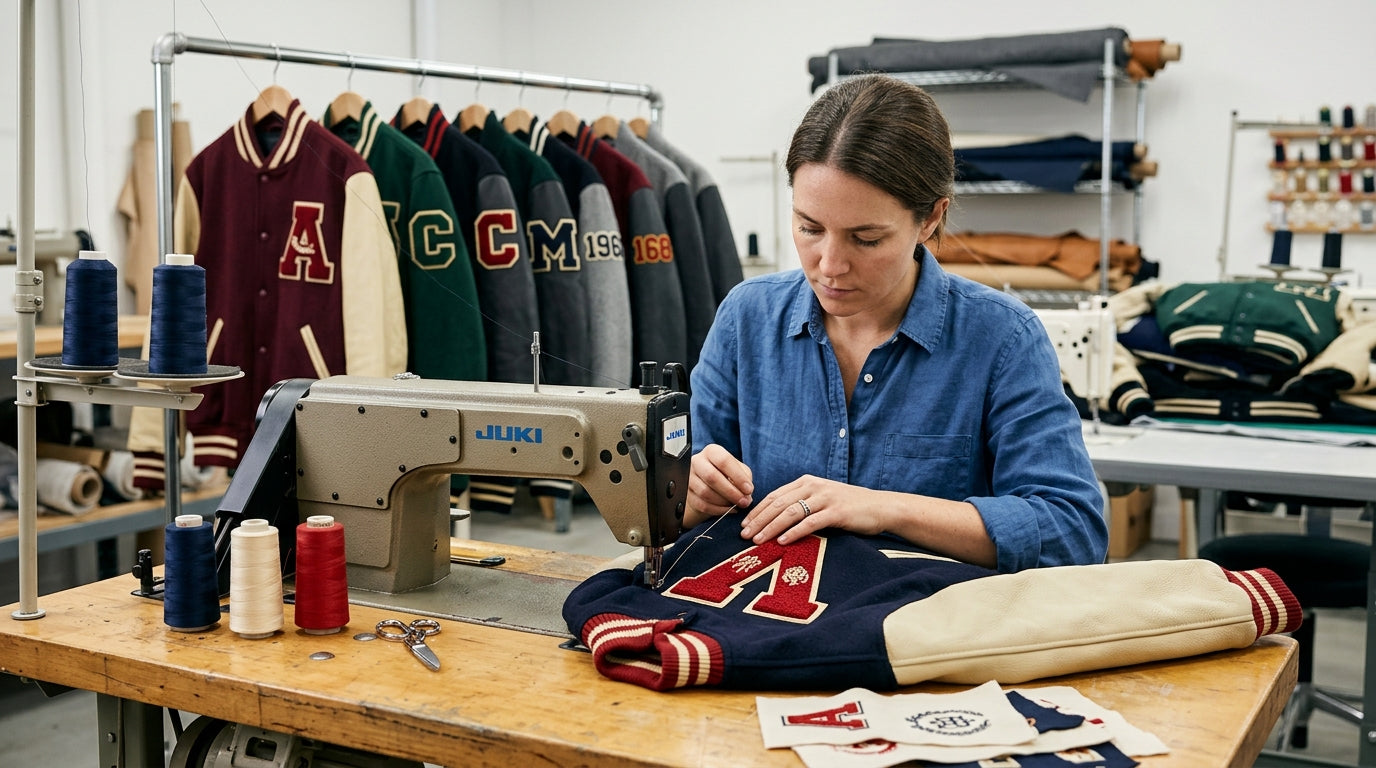 Woman sewing a custom varsity jacket patch in a workshop with branded jackets hanging behind her.