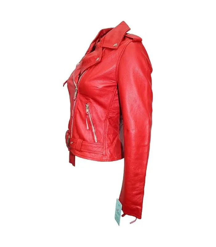 Side view of Women's's Brando Red Leather Biker Jacket