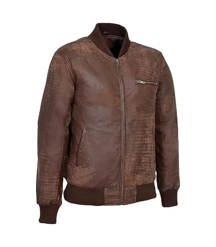 Side view of Men's Brown Leather Bomber Jacket