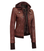 Side view of Women's's Brown Hooded Leather Bomber Jacket